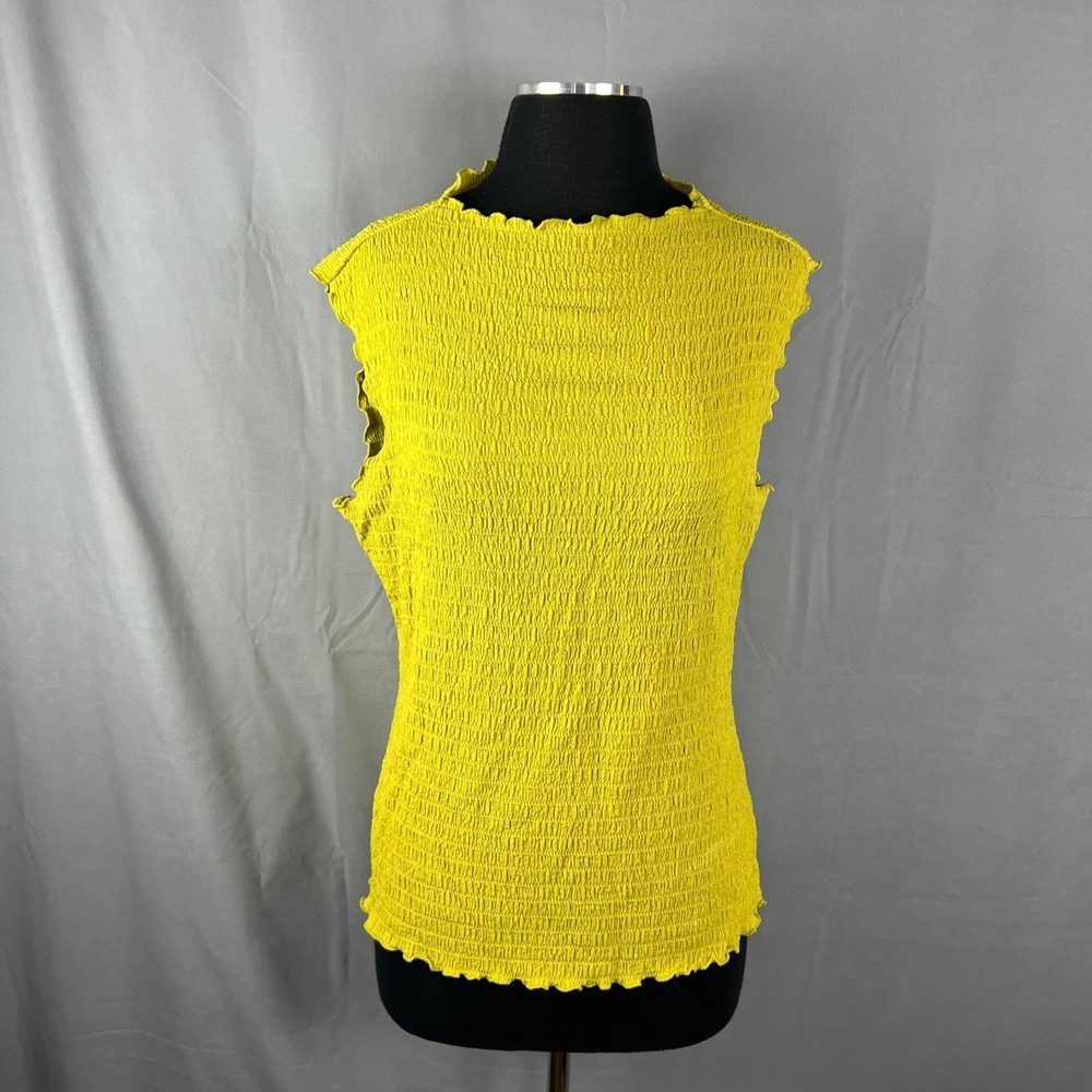 Bold Elements Sleeveless Top Women Large Yellow Smocked Texture Ruffle Mock Neck